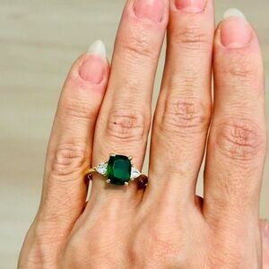 Gold Plated Ring Cushion Green Emerald-Style Three-Stone with Diamond Accents